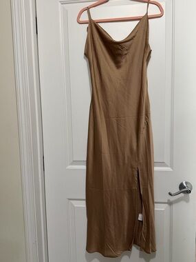 Sleeveless Cowl Neck Tan Slip Dress